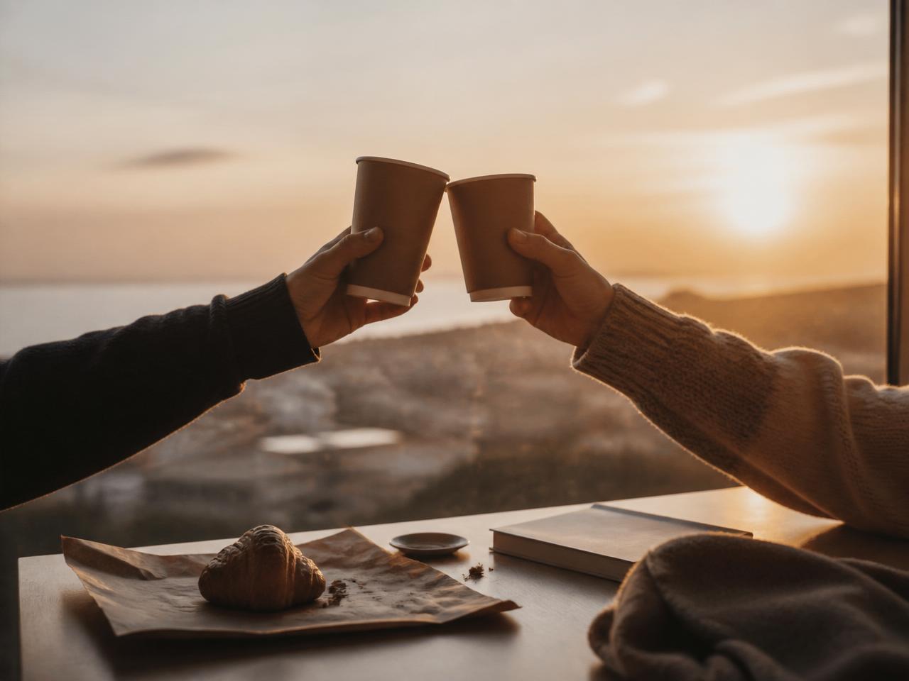 Two hands clinking coffee cups at sunrise — a quiet celebration.