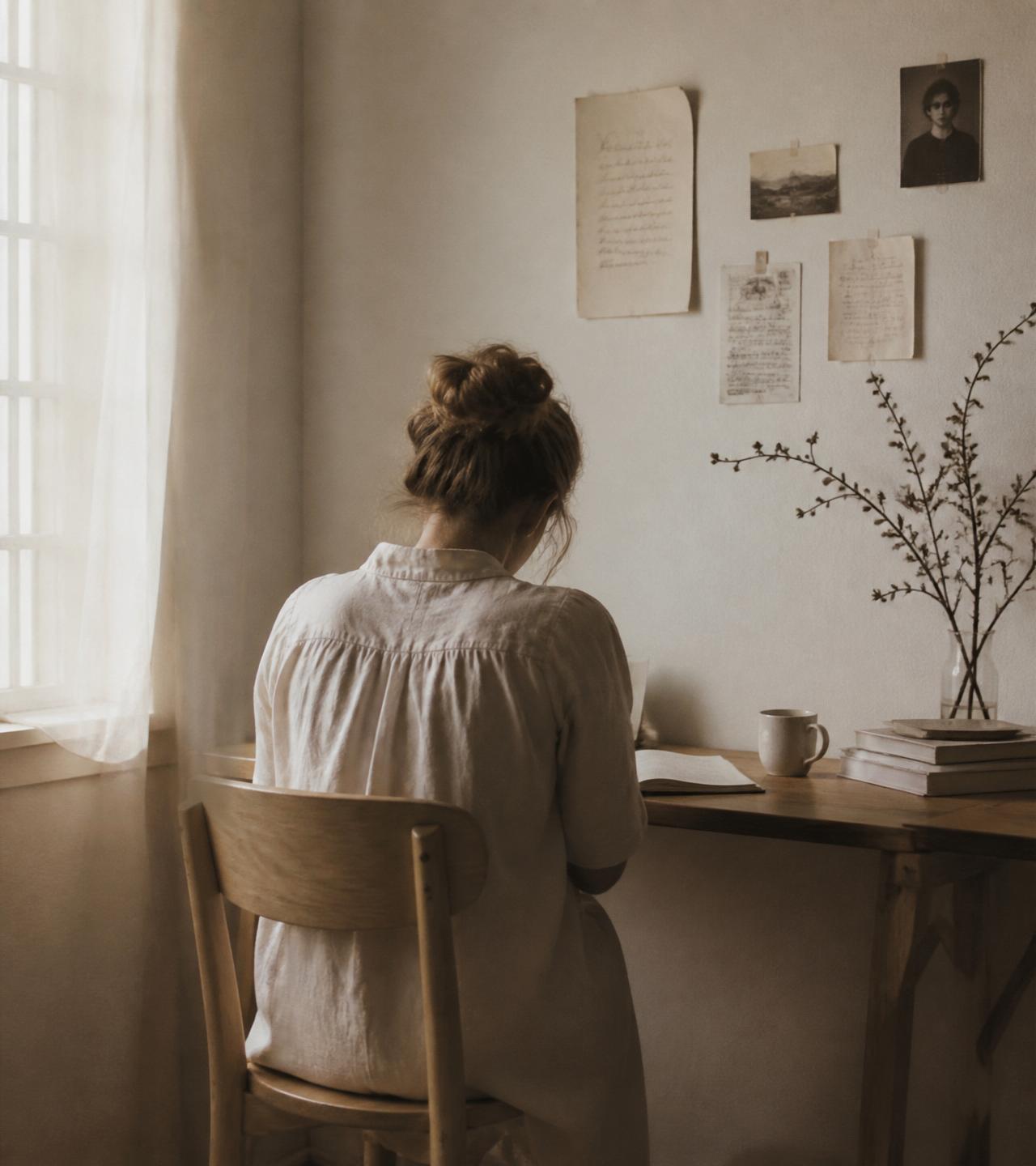 A young writer at her desk, morning light through the curtain.